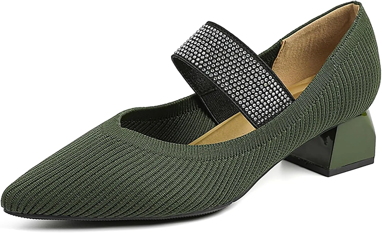 Women's Knit Stretchy Closed Pointed Toe Chunky Heel Mary Janes Fashion Comfortable Mesh Breathable Rhinestones Elastic Strap Slip-On Low Heel Dress Pumps for Work Business Leisure Walk