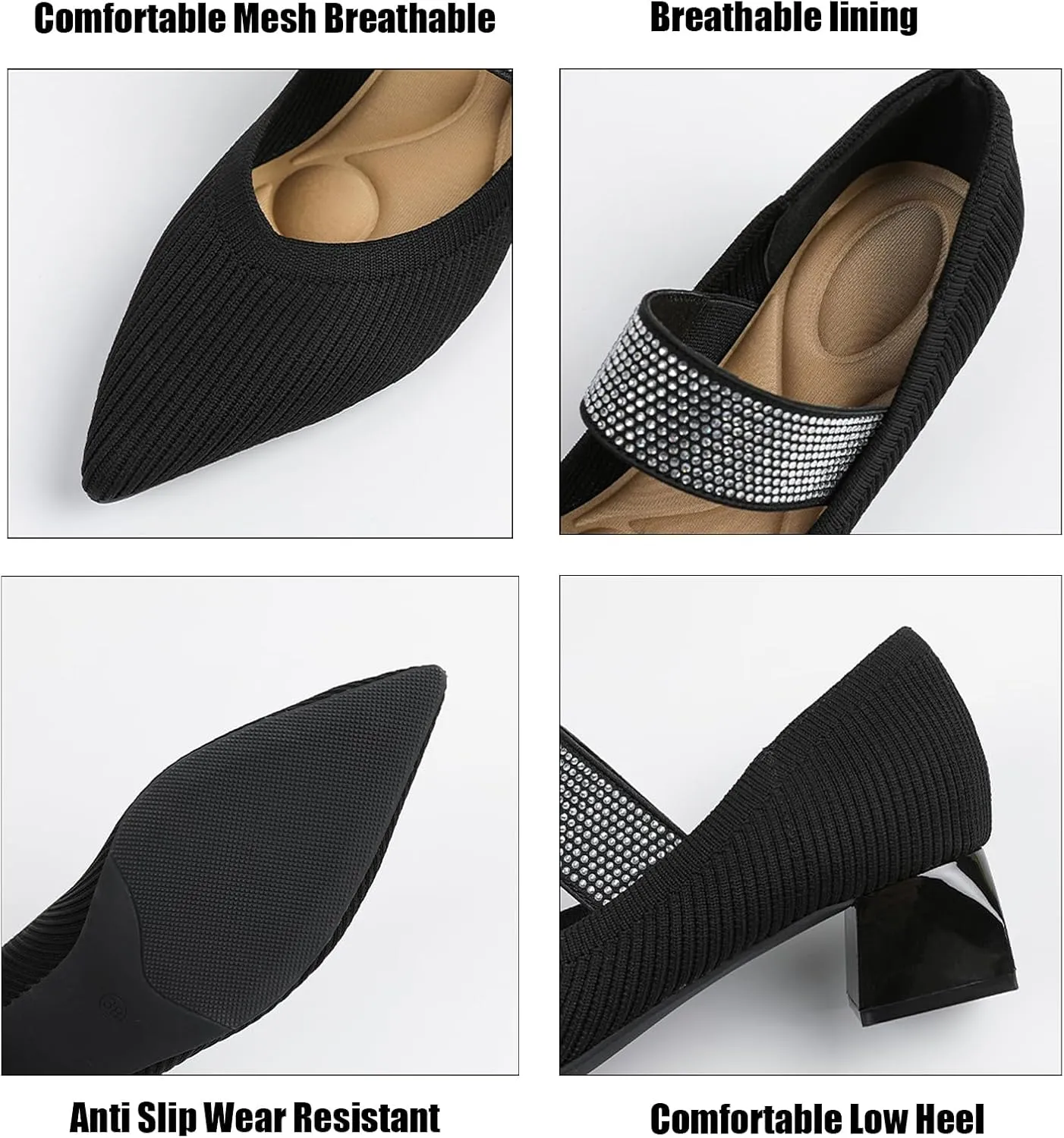 Women's Knit Stretchy Closed Pointed Toe Chunky Heel Mary Janes Fashion Comfortable Mesh Breathable Rhinestones Elastic Strap Slip-On Low Heel Dress Pumps for Work Business Leisure Walk