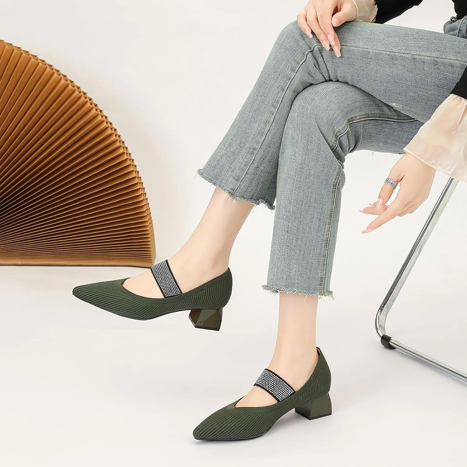 Women's Knit Stretchy Closed Pointed Toe Chunky Heel Mary Janes Fashion Comfortable Mesh Breathable Rhinestones Elastic Strap Slip-On Low Heel Dress Pumps for Work Business Leisure Walk