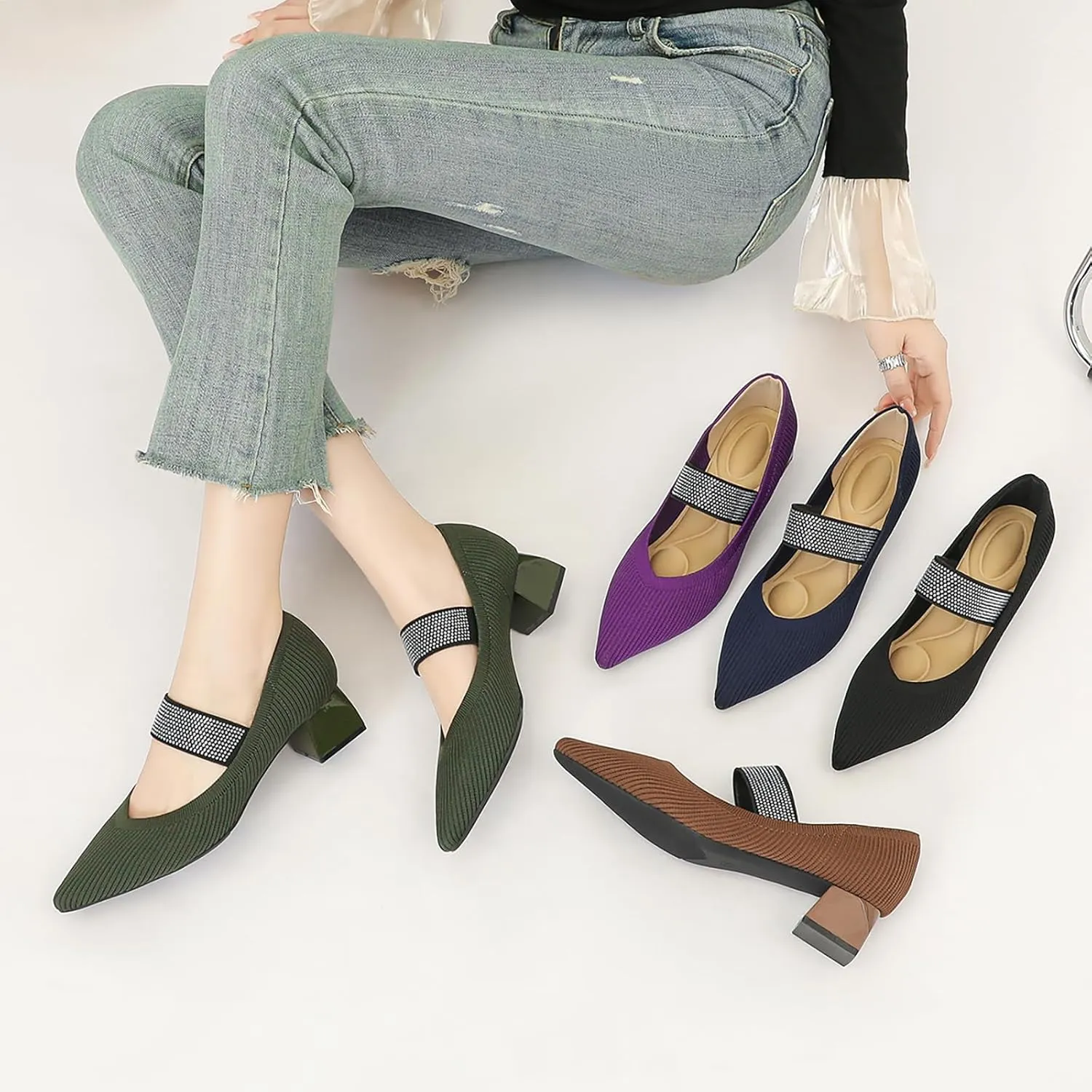 Women's Knit Stretchy Closed Pointed Toe Chunky Heel Mary Janes Fashion Comfortable Mesh Breathable Rhinestones Elastic Strap Slip-On Low Heel Dress Pumps for Work Business Leisure Walk