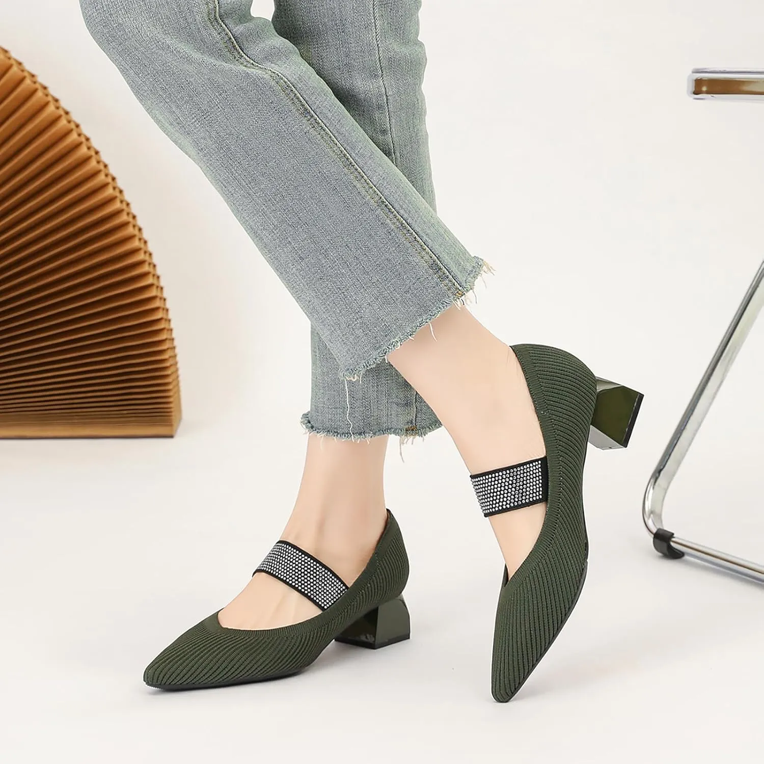 Women's Knit Stretchy Closed Pointed Toe Chunky Heel Mary Janes Fashion Comfortable Mesh Breathable Rhinestones Elastic Strap Slip-On Low Heel Dress Pumps for Work Business Leisure Walk