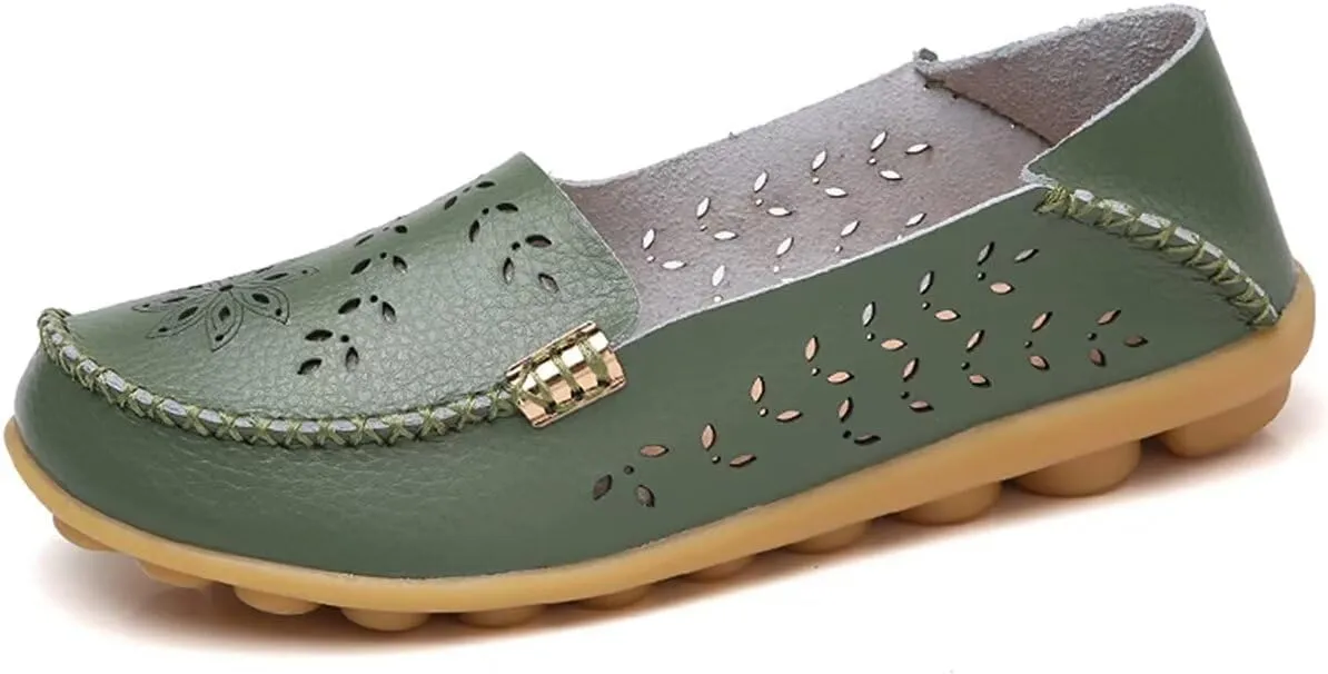 Women's Leather Casual Slipper Loafers Moccasins Driving Shoes Flat Slip-Ons