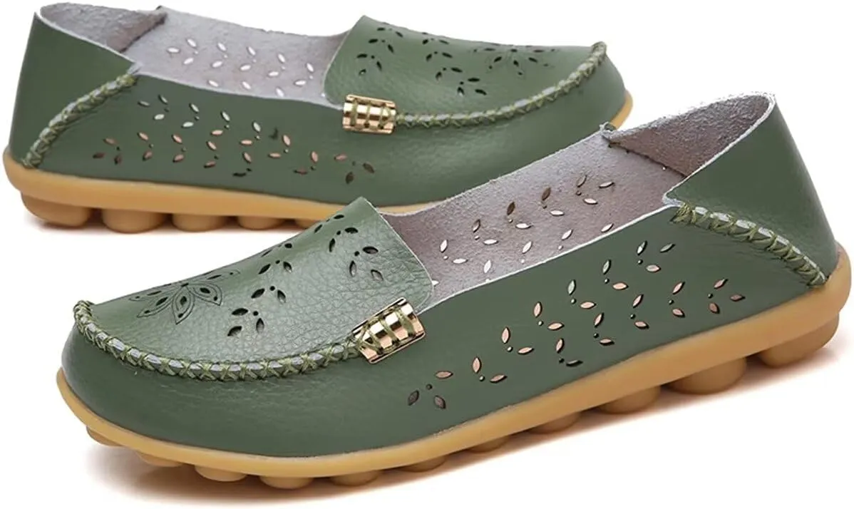 Women's Leather Casual Slipper Loafers Moccasins Driving Shoes Flat Slip-Ons