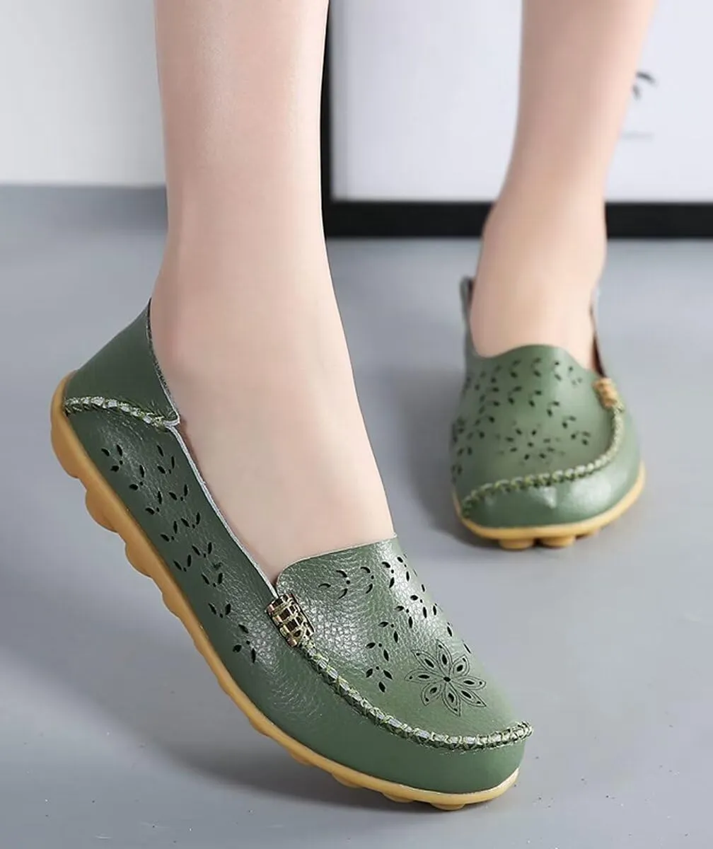 Women's Leather Casual Slipper Loafers Moccasins Driving Shoes Flat Slip-Ons