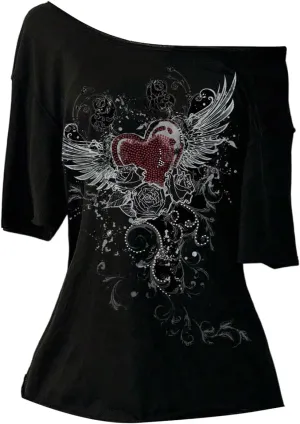 Women's Off The Shoulder Tops Graphic Goth Tee Y2k Vintage Asymmetrical Neck Oversized T Shirts