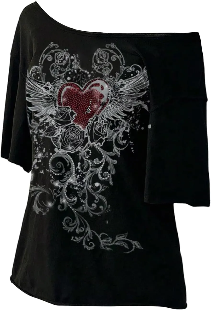 Women's Off The Shoulder Tops Graphic Goth Tee Y2k Vintage Asymmetrical Neck Oversized T Shirts
