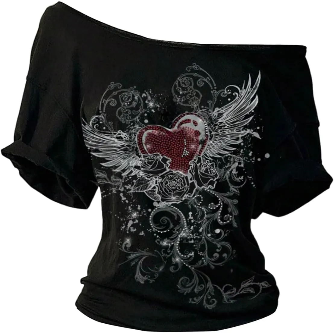 Women's Off The Shoulder Tops Graphic Goth Tee Y2k Vintage Asymmetrical Neck Oversized T Shirts