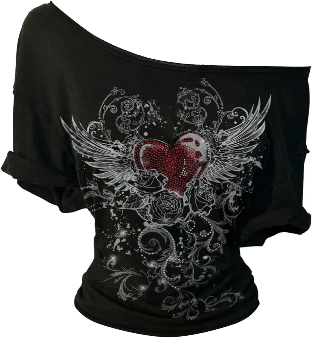 Women's Off The Shoulder Tops Graphic Goth Tee Y2k Vintage Asymmetrical Neck Oversized T Shirts