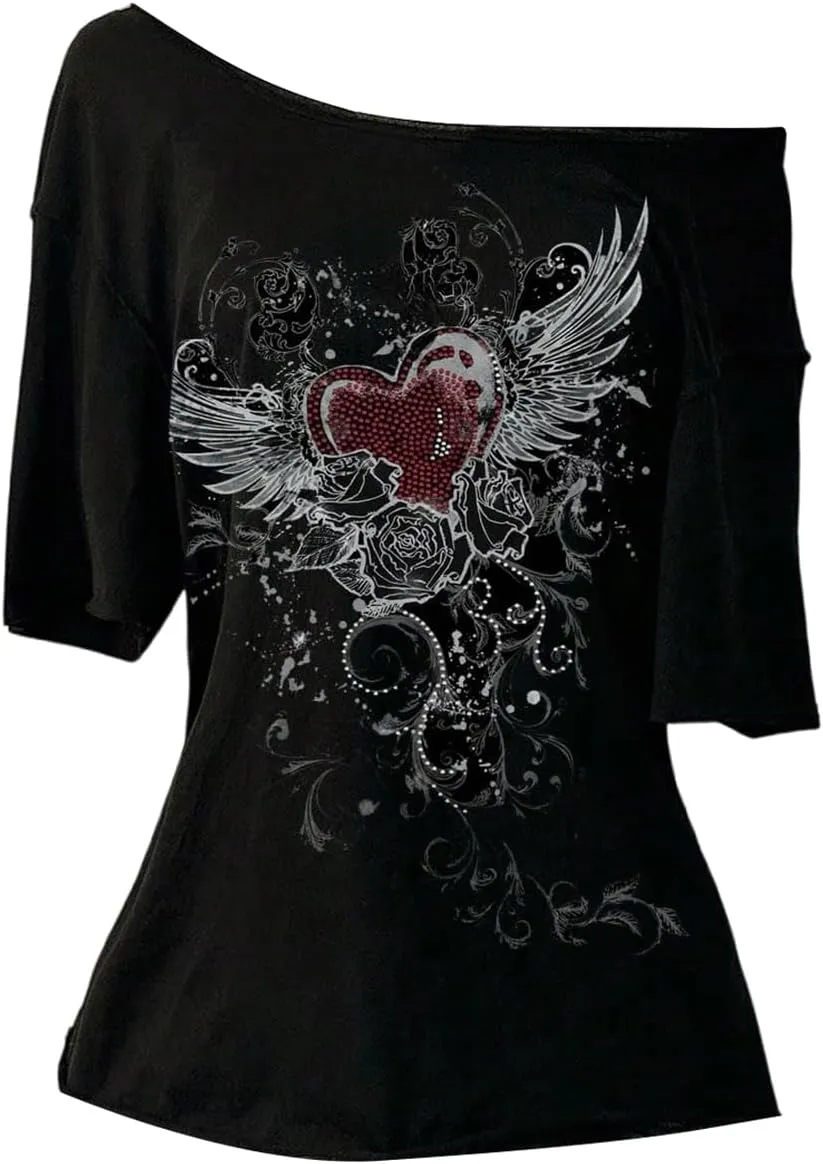 Women's Off The Shoulder Tops Graphic Goth Tee Y2k Vintage Asymmetrical Neck Oversized T Shirts