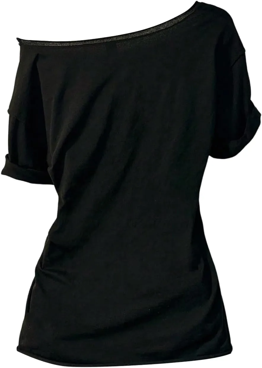 Women's Off The Shoulder Tops Graphic Goth Tee Y2k Vintage Asymmetrical Neck Oversized T Shirts