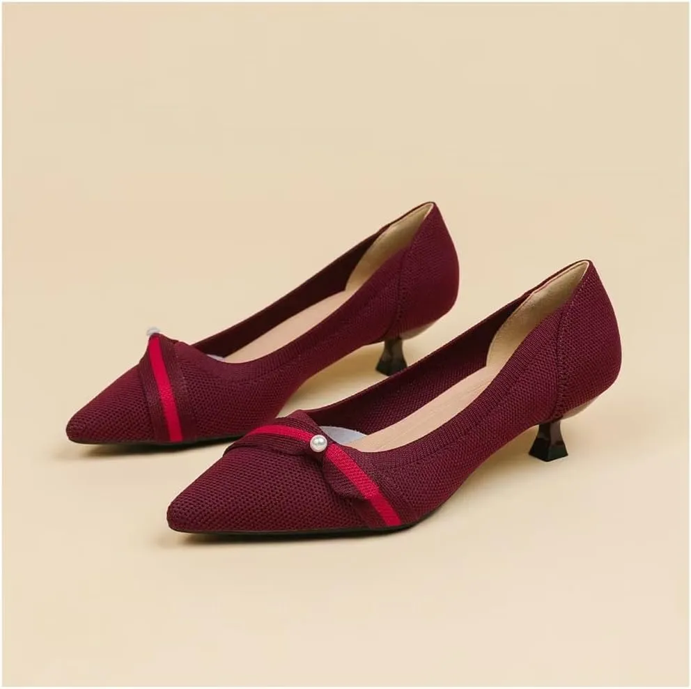 Womens Pearl Breathable Mesh Knitted Kitten Heels Pumps Pointed Toe Slip On Comfortable Casual Formal Dress Shoes