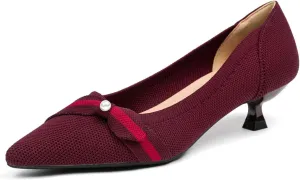 Womens Pearl Breathable Mesh Knitted Kitten Heels Pumps Pointed Toe Slip On Comfortable Casual Formal Dress Shoes