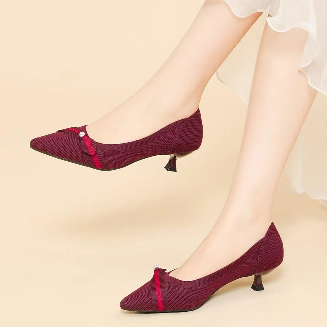 Womens Pearl Breathable Mesh Knitted Kitten Heels Pumps Pointed Toe Slip On Comfortable Casual Formal Dress Shoes