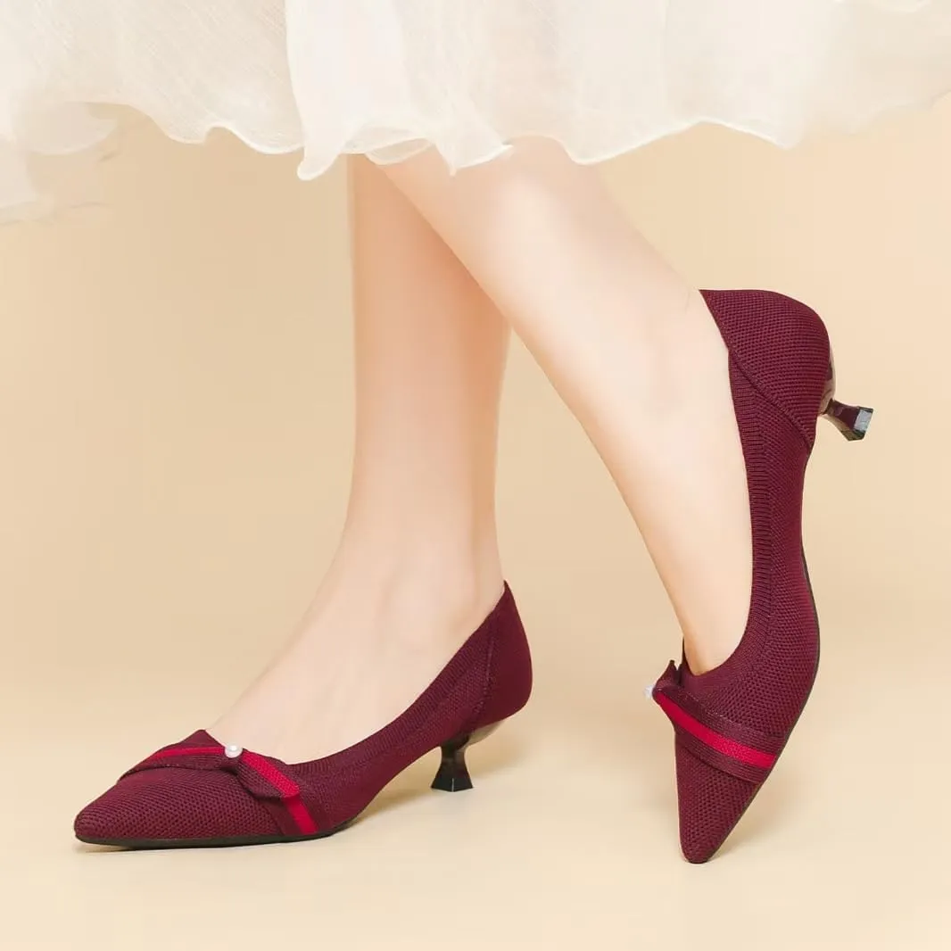 Womens Pearl Breathable Mesh Knitted Kitten Heels Pumps Pointed Toe Slip On Comfortable Casual Formal Dress Shoes