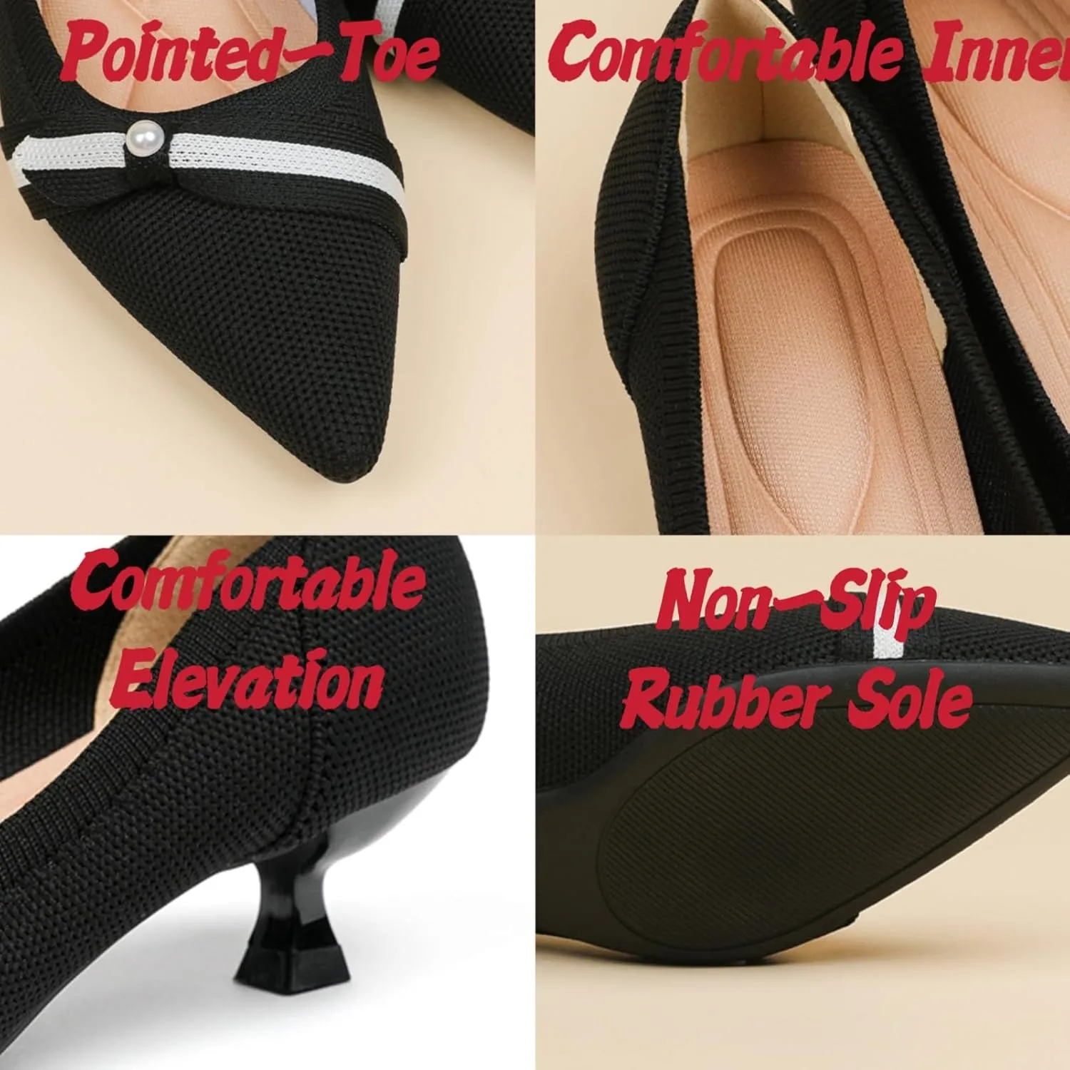 Womens Pearl Breathable Mesh Knitted Kitten Heels Pumps Pointed Toe Slip On Comfortable Casual Formal Dress Shoes