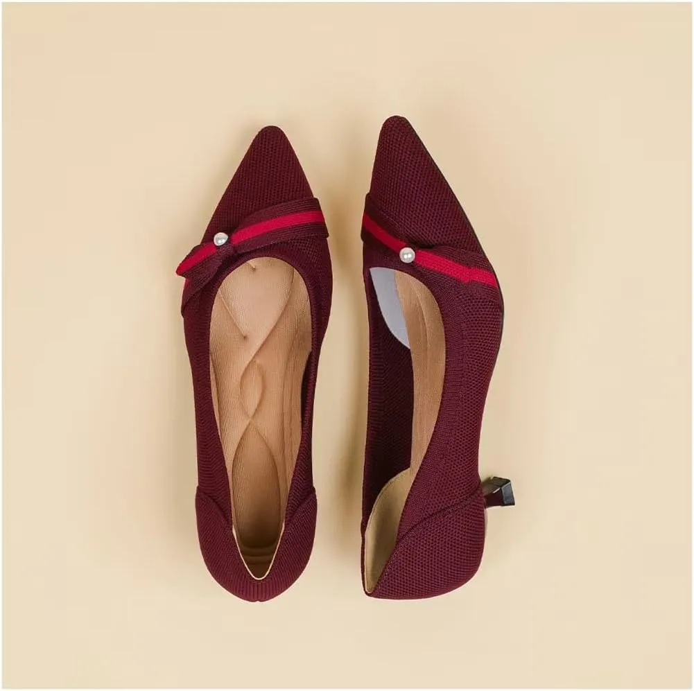 Womens Pearl Breathable Mesh Knitted Kitten Heels Pumps Pointed Toe Slip On Comfortable Casual Formal Dress Shoes