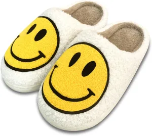 Women's Retro Smile Face Slippers, Soft Plush, Anti-Skid Sole, White, Size US 5-11/EU 36-43