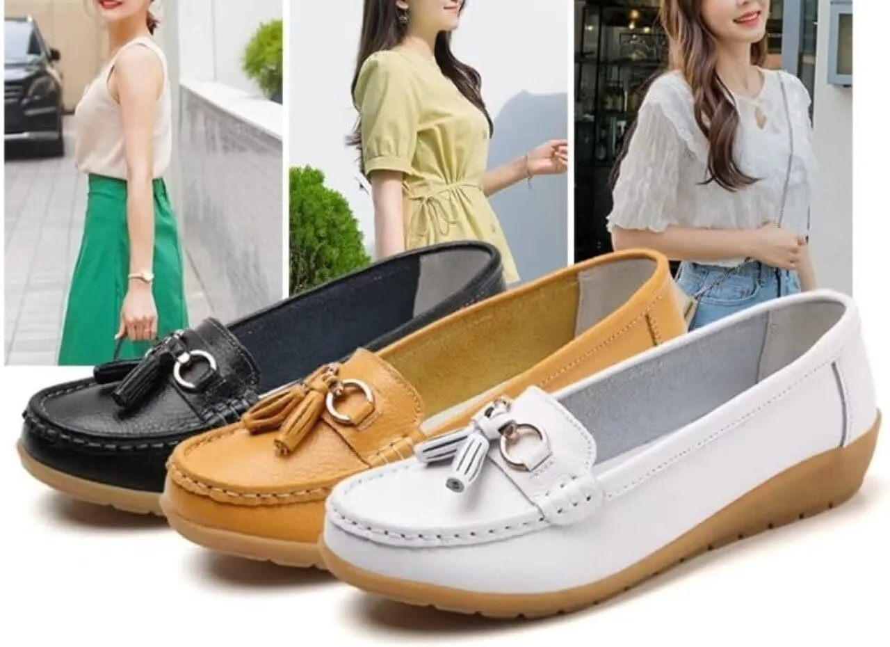 Womens Slip On Penny Loafers Soft Cow Casual Leather Moccasin Boat Shoes Non-Slip Wedge Dress Shoe