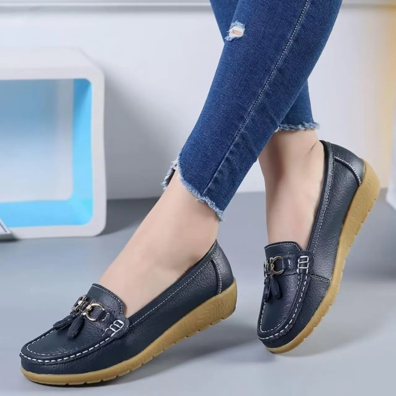 Womens Slip On Penny Loafers Soft Cow Casual Leather Moccasin Boat Shoes Non-Slip Wedge Dress Shoe