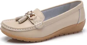 Womens Slip On Penny Loafers Soft Cow Casual Leather Moccasin Boat Shoes Non-Slip Wedge Dress Shoe