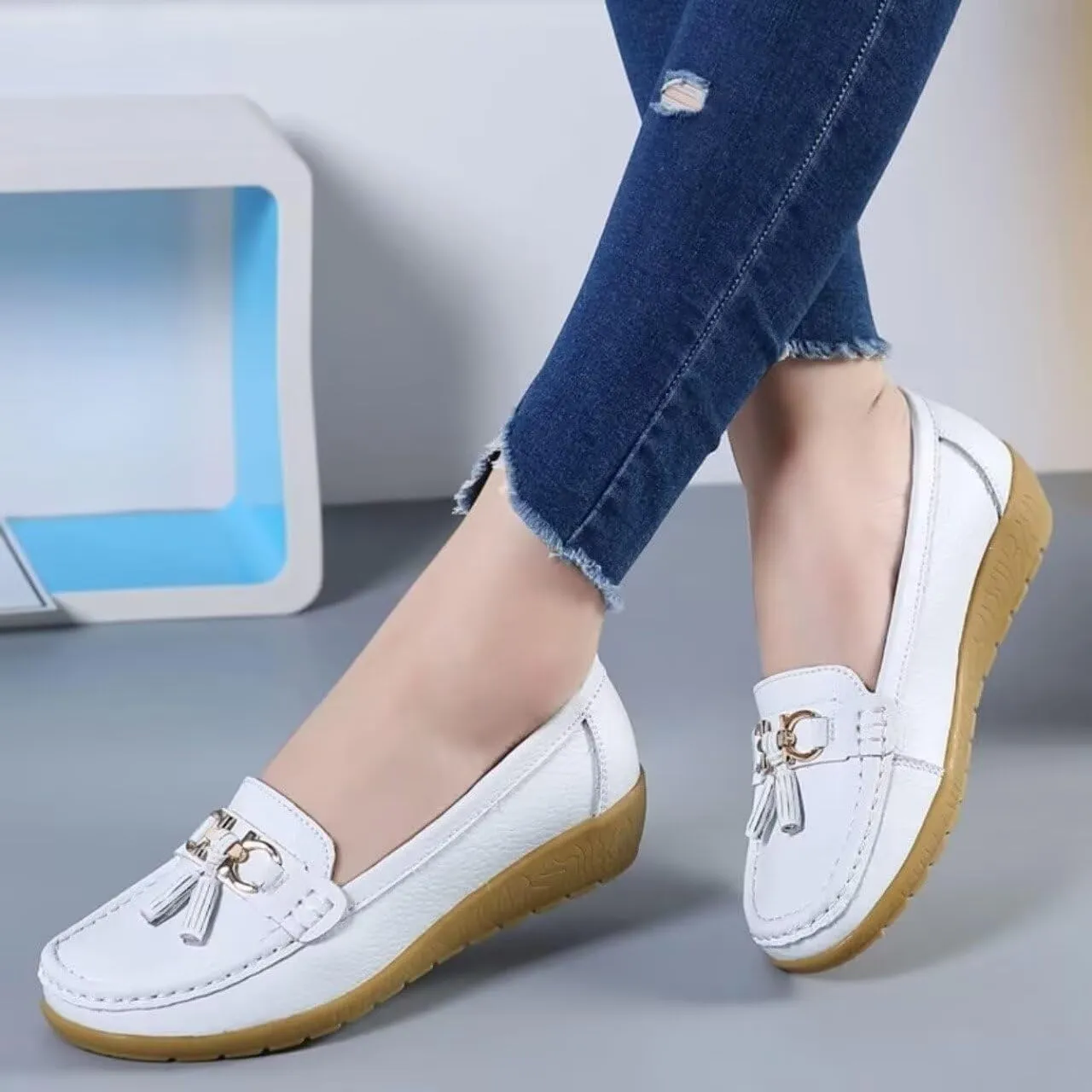 Womens Slip On Penny Loafers Soft Cow Casual Leather Moccasin Boat Shoes Non-Slip Wedge Dress Shoe