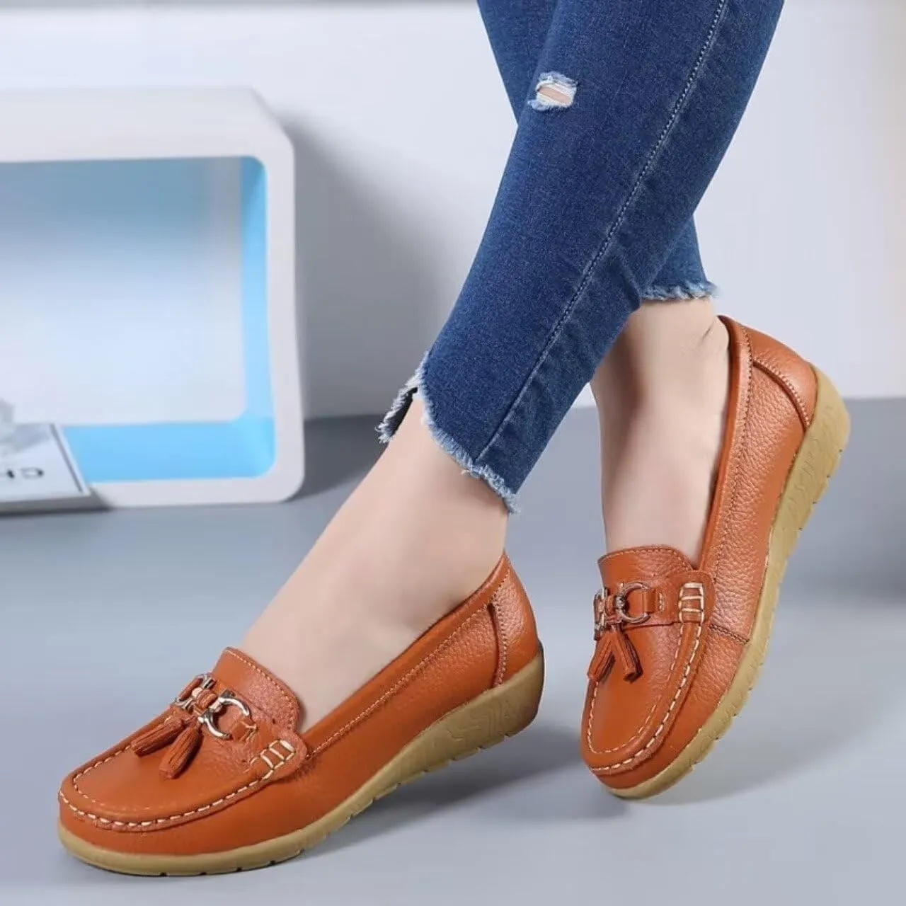 Womens Slip On Penny Loafers Soft Cow Casual Leather Moccasin Boat Shoes Non-Slip Wedge Dress Shoe