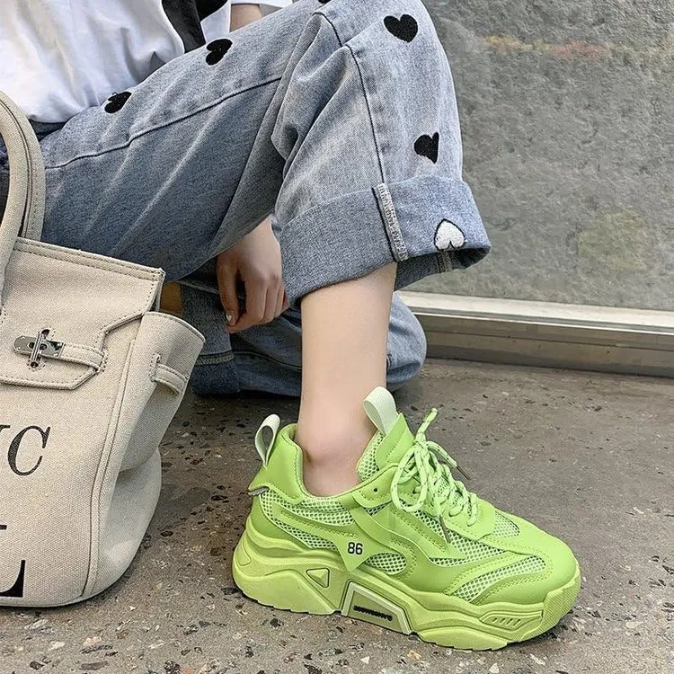 Women's Solid Color Mesh Sneakers, Lace Up Breathable Platform Casual Trainers, Versatile Low-top White Shoes
