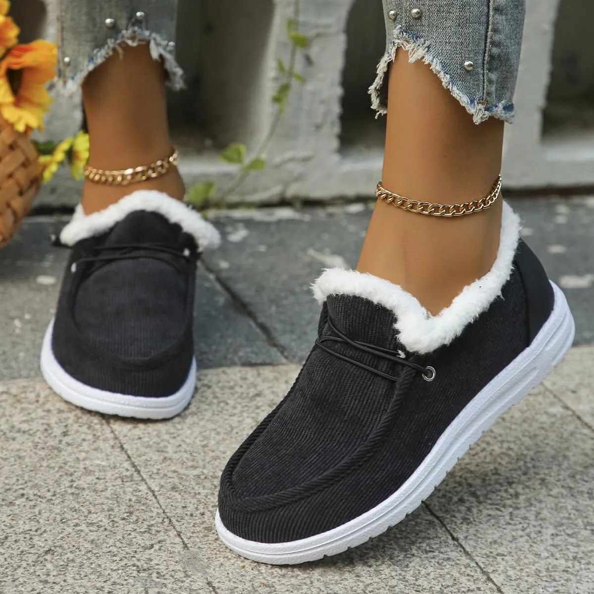 Women's Warm Lace up Loafers Casual Cozy Flat Slip on Wide Width Shoes Non-Slip Lightweight Canvas Driving Walking Shoes