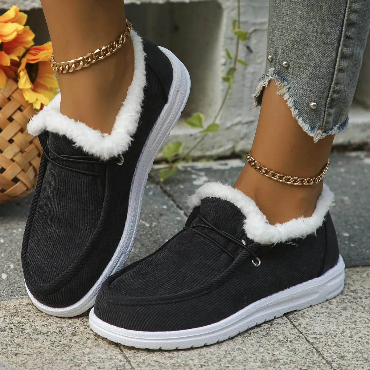 Women's Warm Lace up Loafers Casual Cozy Flat Slip on Wide Width Shoes Non-Slip Lightweight Canvas Driving Walking Shoes