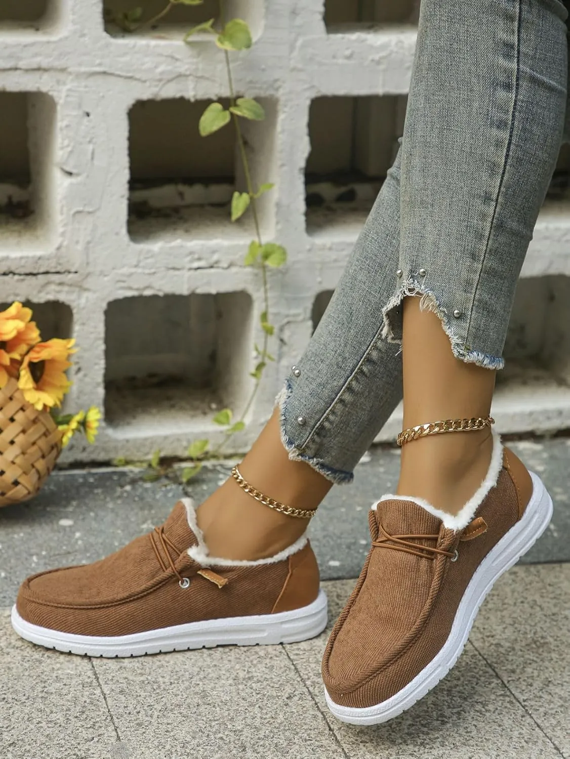 Women's Warm Lace up Loafers Casual Cozy Flat Slip on Wide Width Shoes Non-Slip Lightweight Canvas Driving Walking Shoes