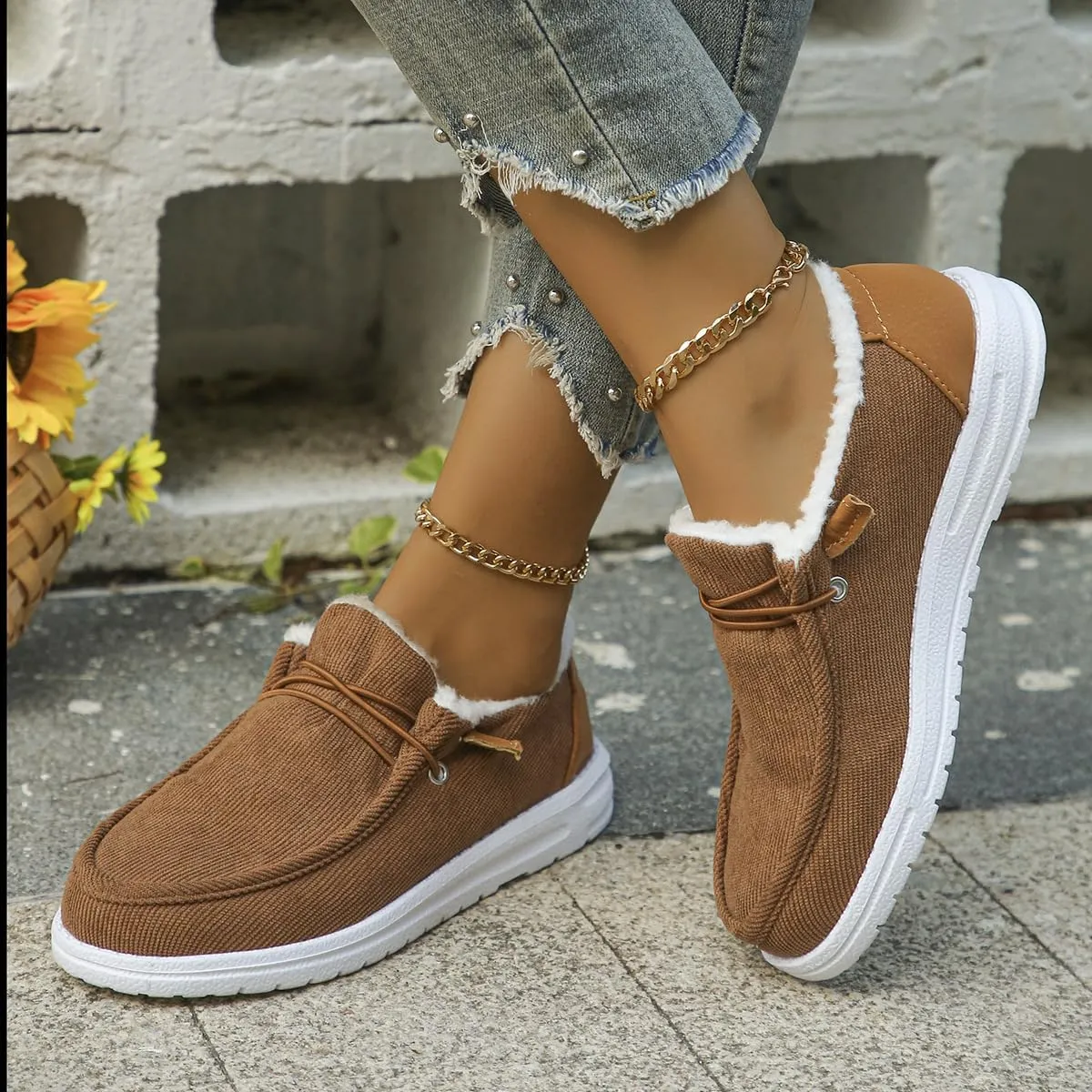 Women's Warm Lace up Loafers Casual Cozy Flat Slip on Wide Width Shoes Non-Slip Lightweight Canvas Driving Walking Shoes