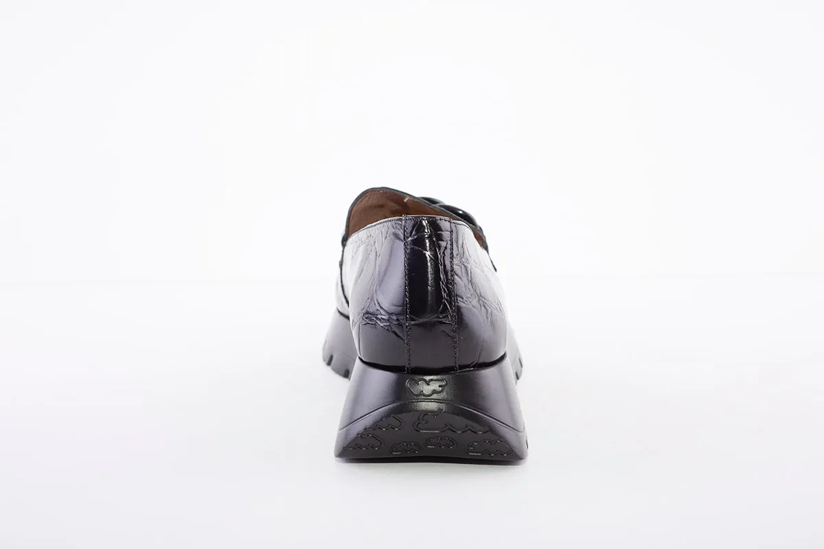 WONDERS - LOW WEDGE SLIP-ON SHOE - BLACK LEATHER