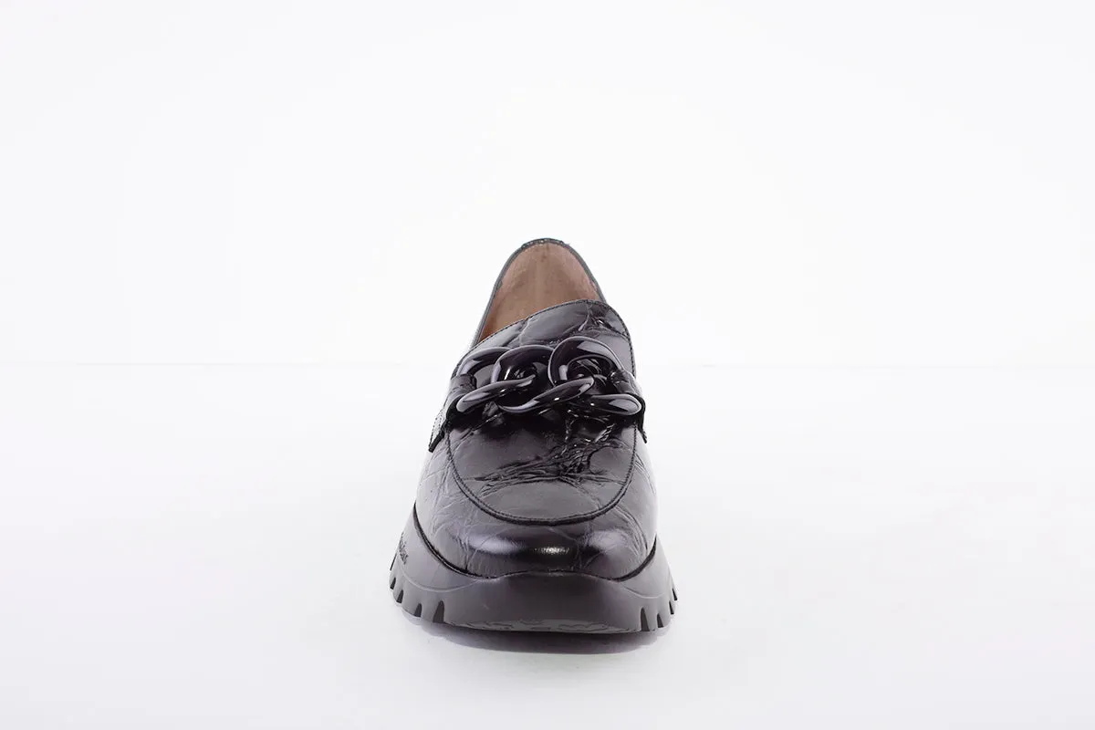 WONDERS - LOW WEDGE SLIP-ON SHOE - BLACK LEATHER