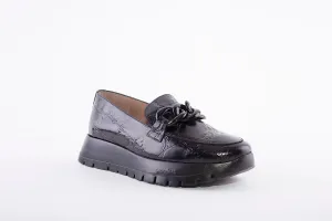 WONDERS - LOW WEDGE SLIP-ON SHOE - BLACK LEATHER