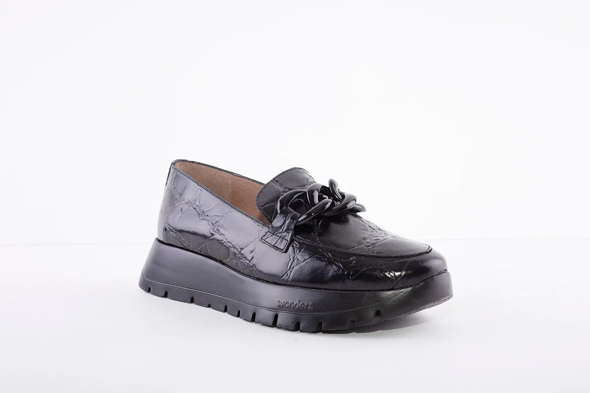 WONDERS - LOW WEDGE SLIP-ON SHOE - BLACK LEATHER