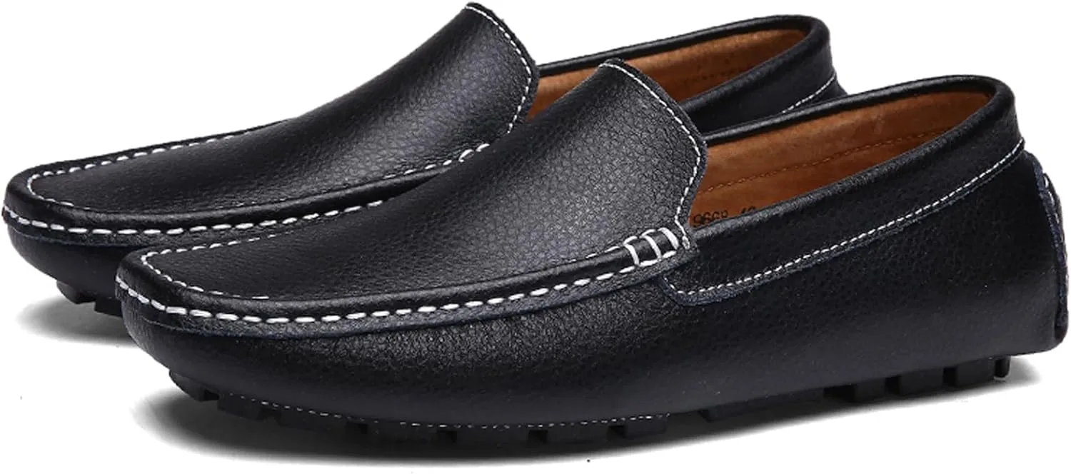 WUIWUIYU Men's Leather Loafers Casual Slip Ons Soft Penny Loafers Walking Driving Boat Shoes