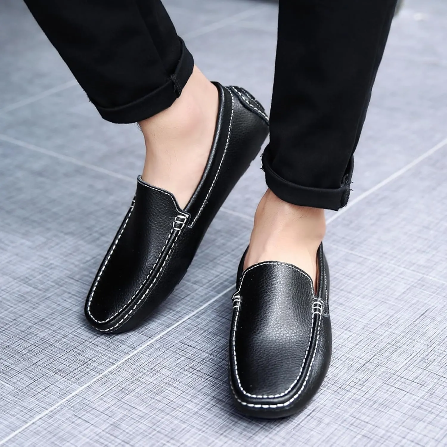 WUIWUIYU Men's Leather Loafers Casual Slip Ons Soft Penny Loafers Walking Driving Boat Shoes