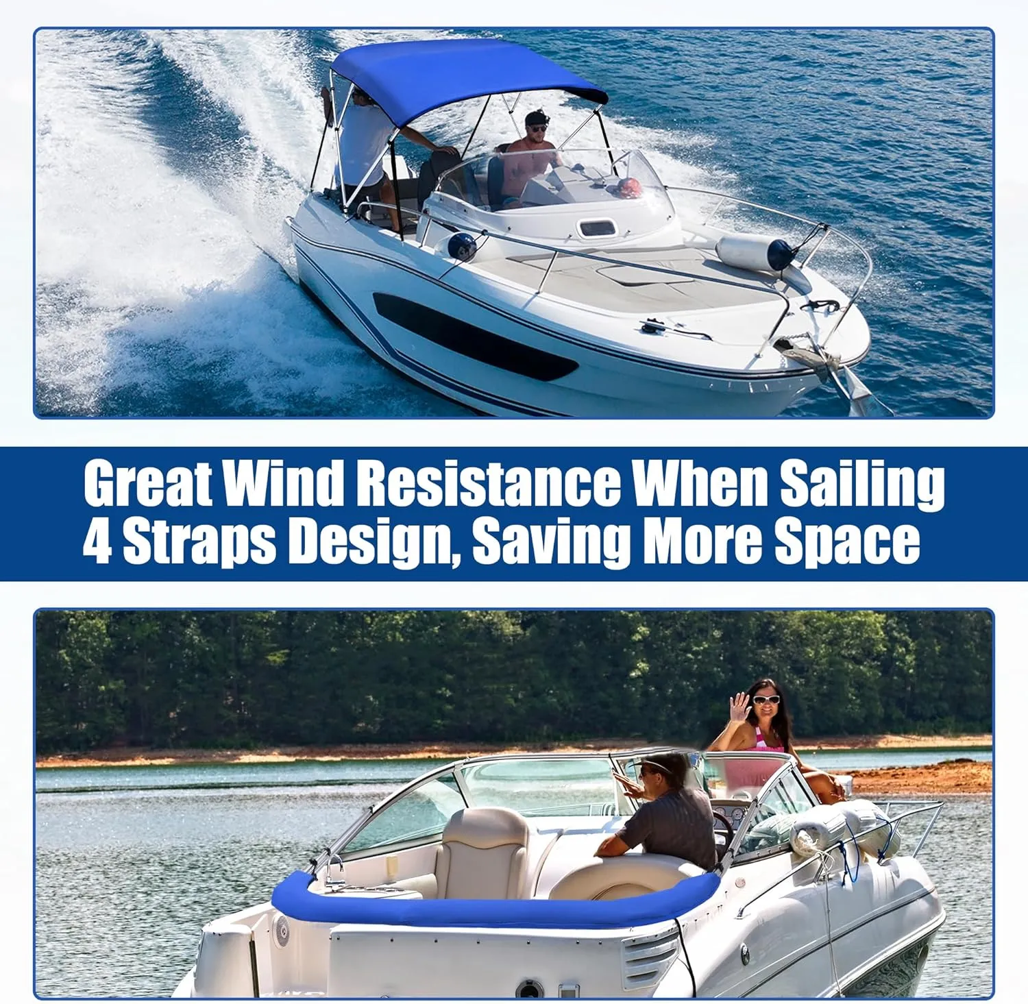 X AUTOHAUX 3 Bow Bimini Top Cover Boat Canopy 600D Canvas Sun Shade Stainless Steel Deck Hinges 4 Straps Installation Includes Mounting Hardwares 1" Dia Aluminum Frame Storage Boot Blue