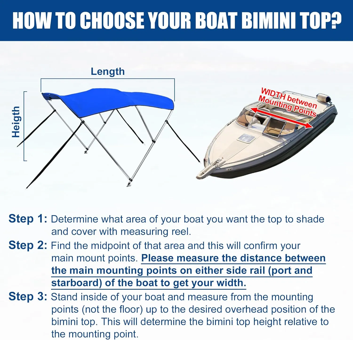 X AUTOHAUX 3 Bow Bimini Top Cover Boat Canopy 600D Canvas Sun Shade Stainless Steel Deck Hinges 4 Straps Installation Includes Mounting Hardwares 1" Dia Aluminum Frame Storage Boot Blue