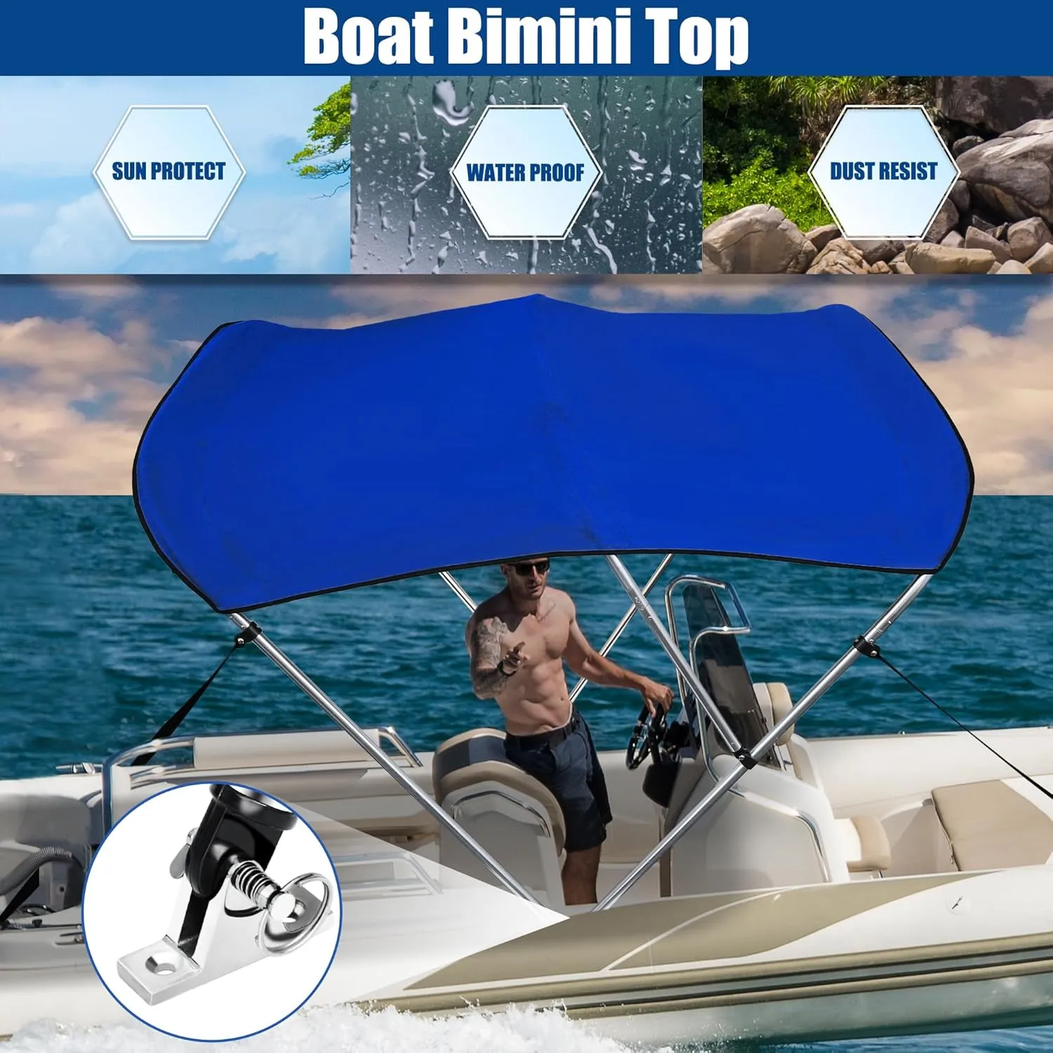 X AUTOHAUX 3 Bow Bimini Top Cover Boat Canopy 600D Canvas Sun Shade Stainless Steel Deck Hinges 4 Straps Installation Includes Mounting Hardwares 1" Dia Aluminum Frame Storage Boot Blue