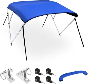 X AUTOHAUX 3 Bow Bimini Top Cover Boat Canopy 600D Canvas Sun Shade Stainless Steel Deck Hinges 4 Straps Installation Includes Mounting Hardwares 1" Dia Aluminum Frame Storage Boot Blue